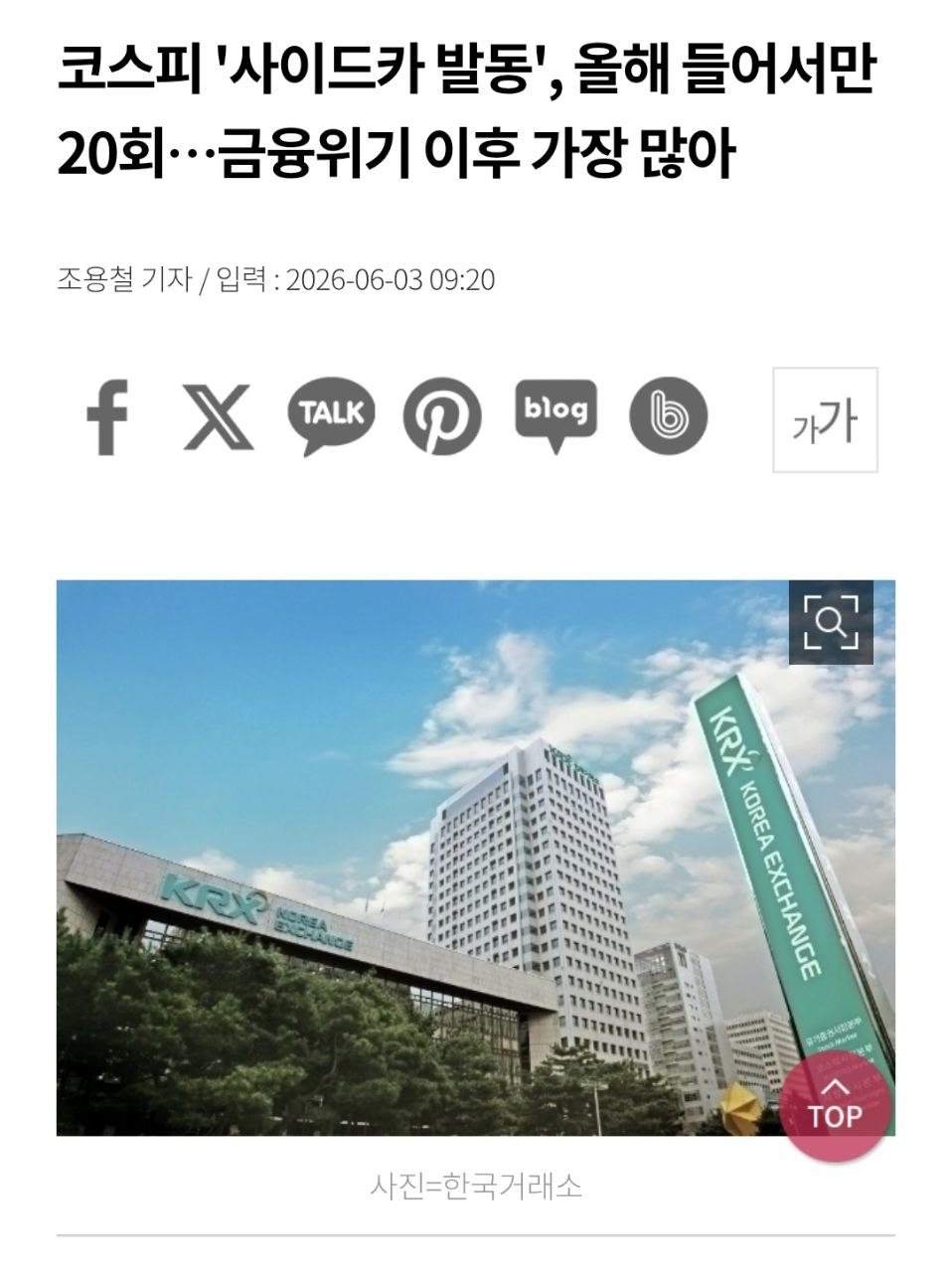 코스피 사이드카 올해 20회 금융위기 임박 관련 이미지