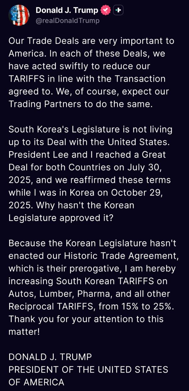 트럼프, 한국 무역합의 불이행에 관세 인상 경고 관련 이미지