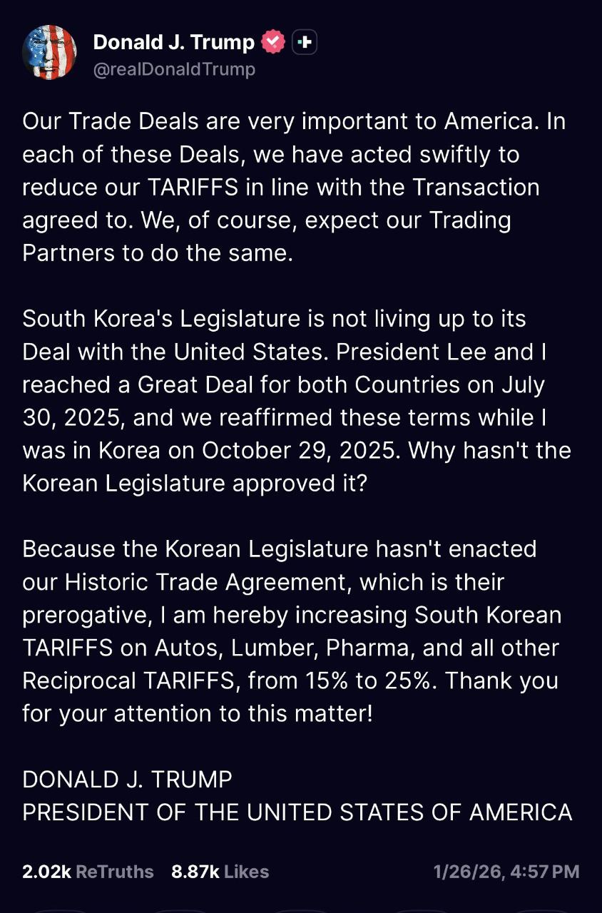 트럼프 대통령, 한국 무역협정 이행 비판과 관세 인상 발표 관련 이미지