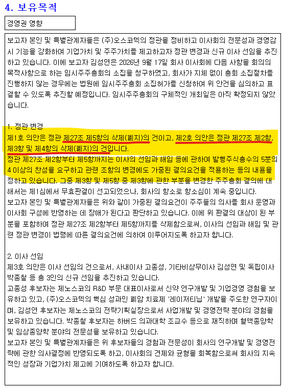 오스코텍 공시뜸, 초다수결의제 폐지, 최대주주 이사회 진입