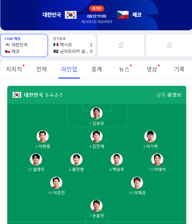 체코전 라인업 뜸